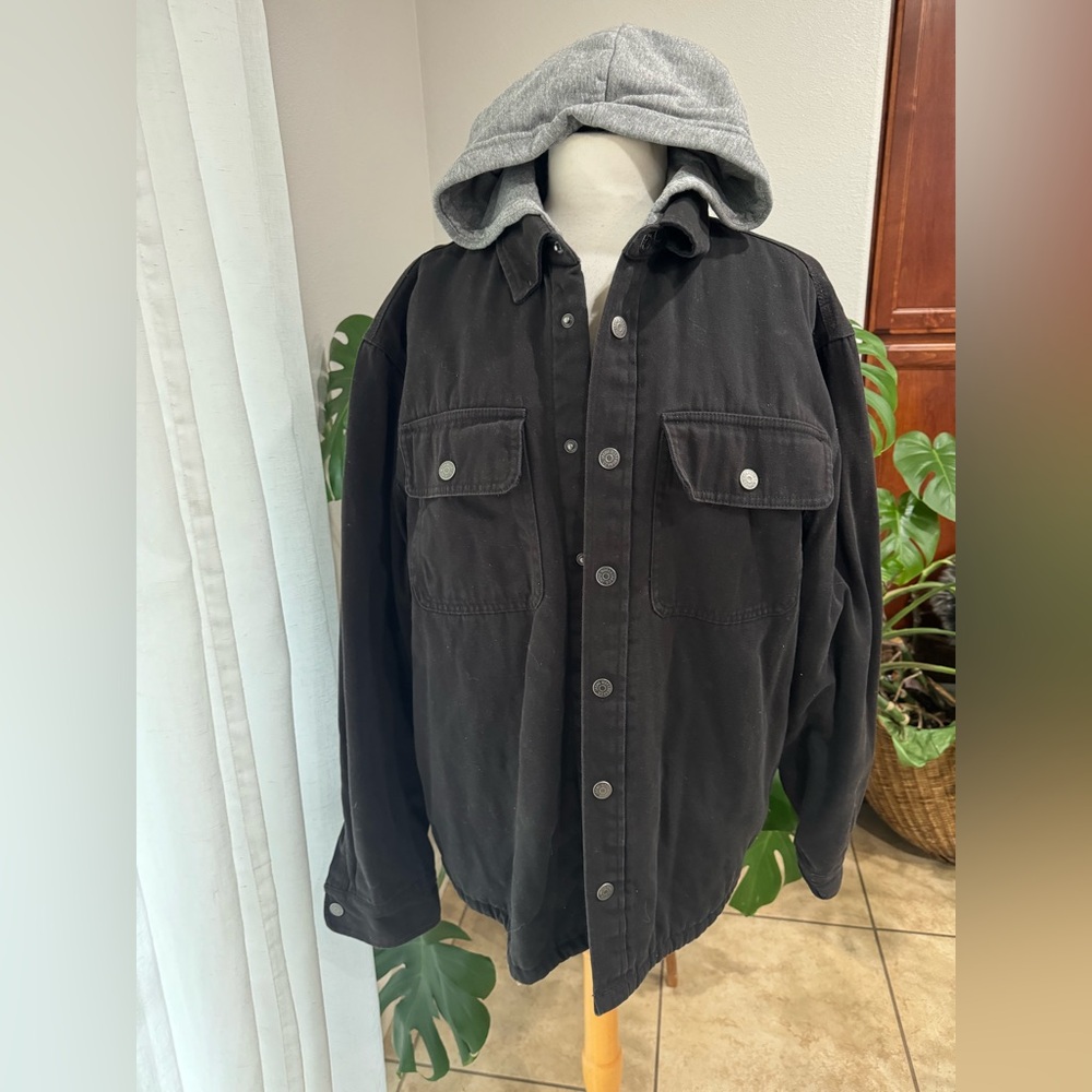 JACHS NY Sherpa Lined Shirt Jacket Black, Removable Hoodie, Snap Front L‎
